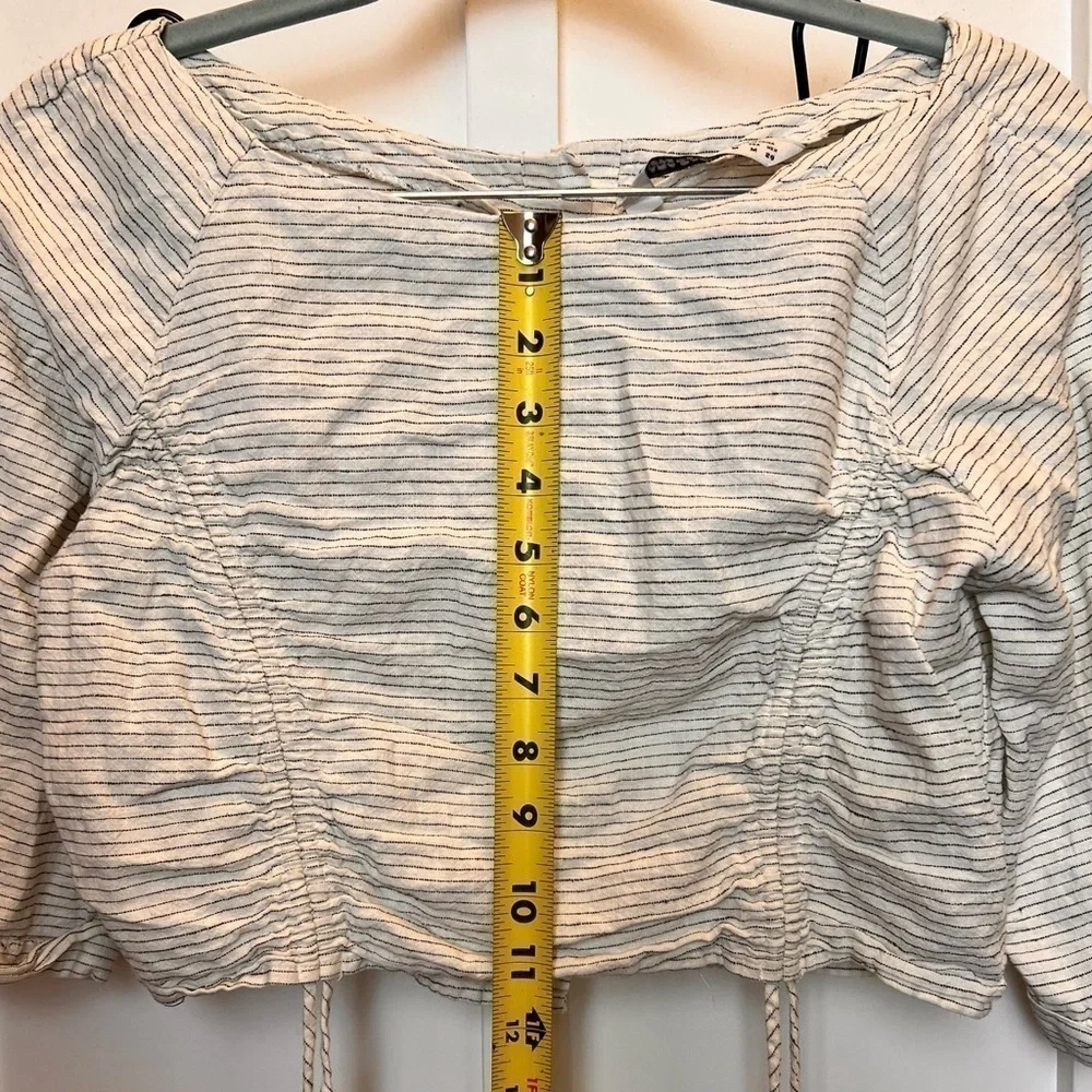 Zara Basic Crop Top Shirt Stripe 3/4 Length Sleeve Rouching Medium Coastal Boho